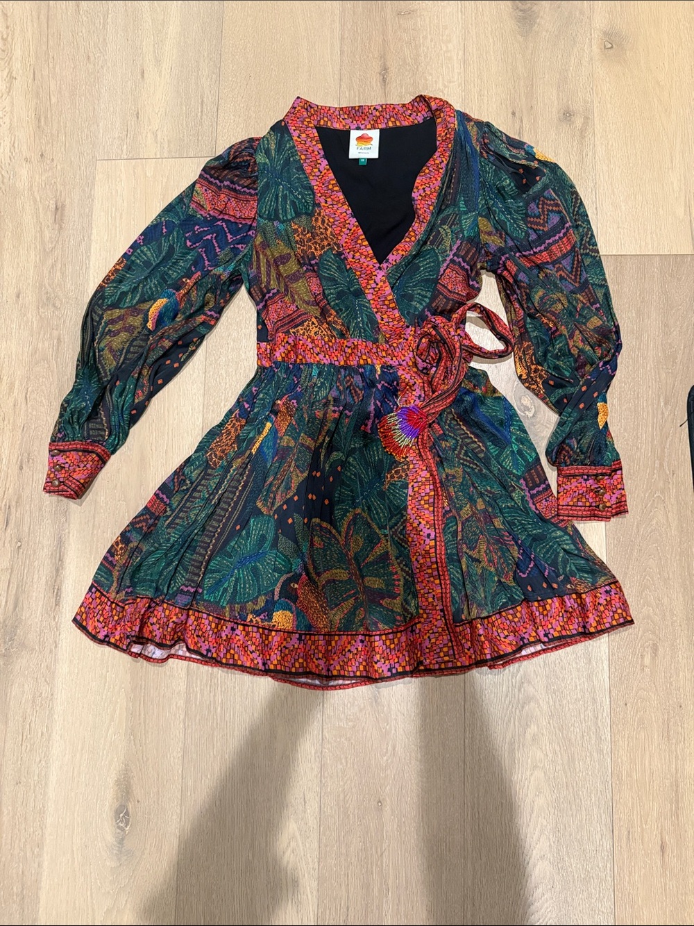 FARM Rio Green & Pink Wrap Tie-Waist Long Sleeve Dress